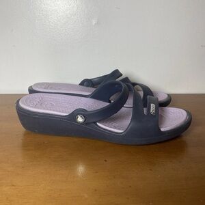 Crocs Women’s 7 Patricia Navy Lavender Strappy Wedge Sandals Shoes Colorful